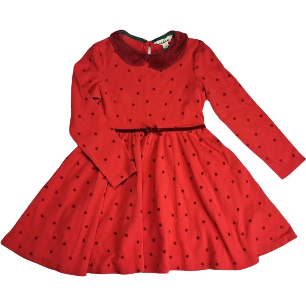 Mini Boden Red Velvet Polka Dot Girls 8 9 Long Sleeve Dress Collared EUC